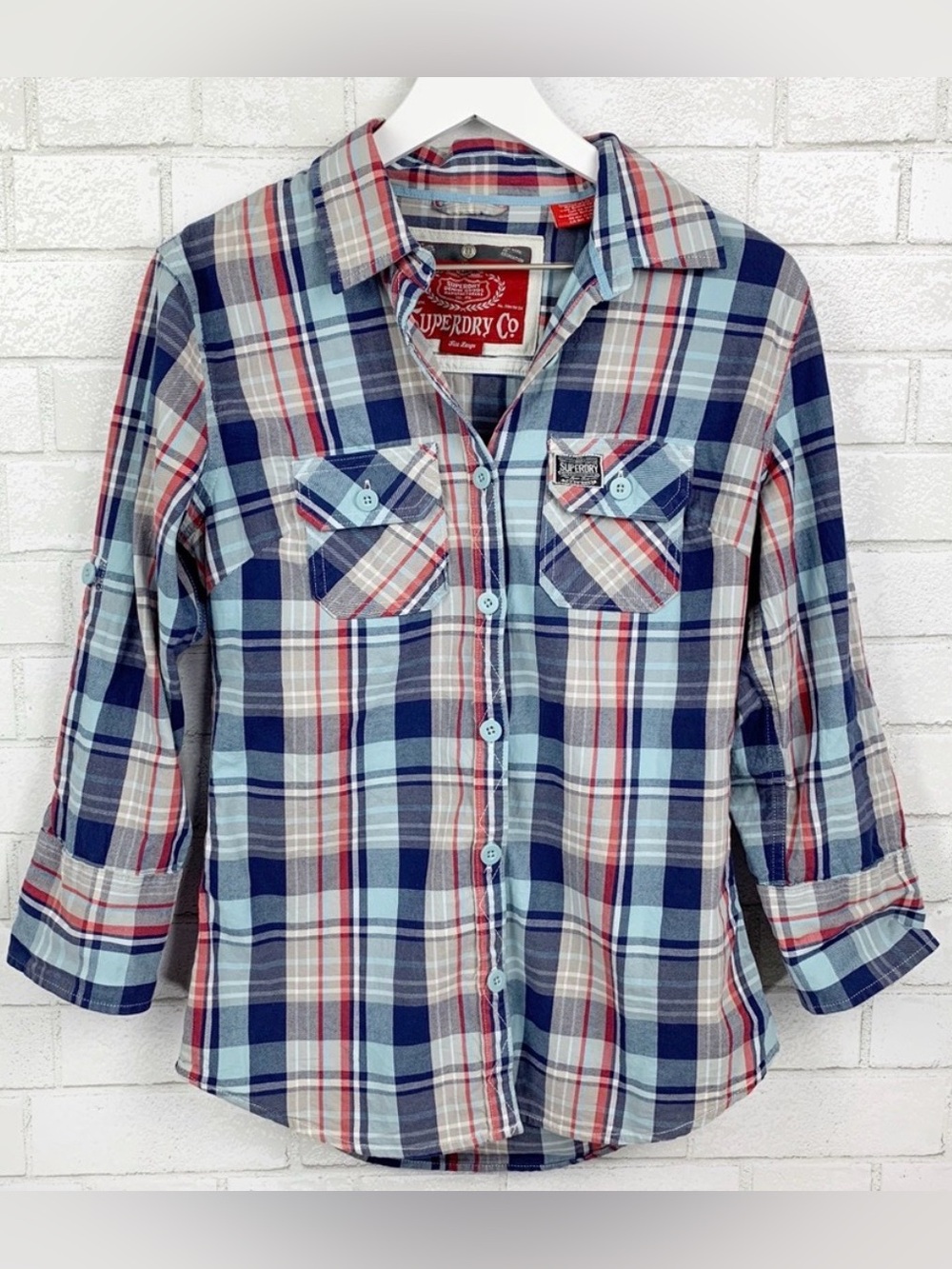 Superdry Lumberjack 3/4 Sleeve Plaid Flannel Shirt SZ LG Coastal Cowgirl Preppy